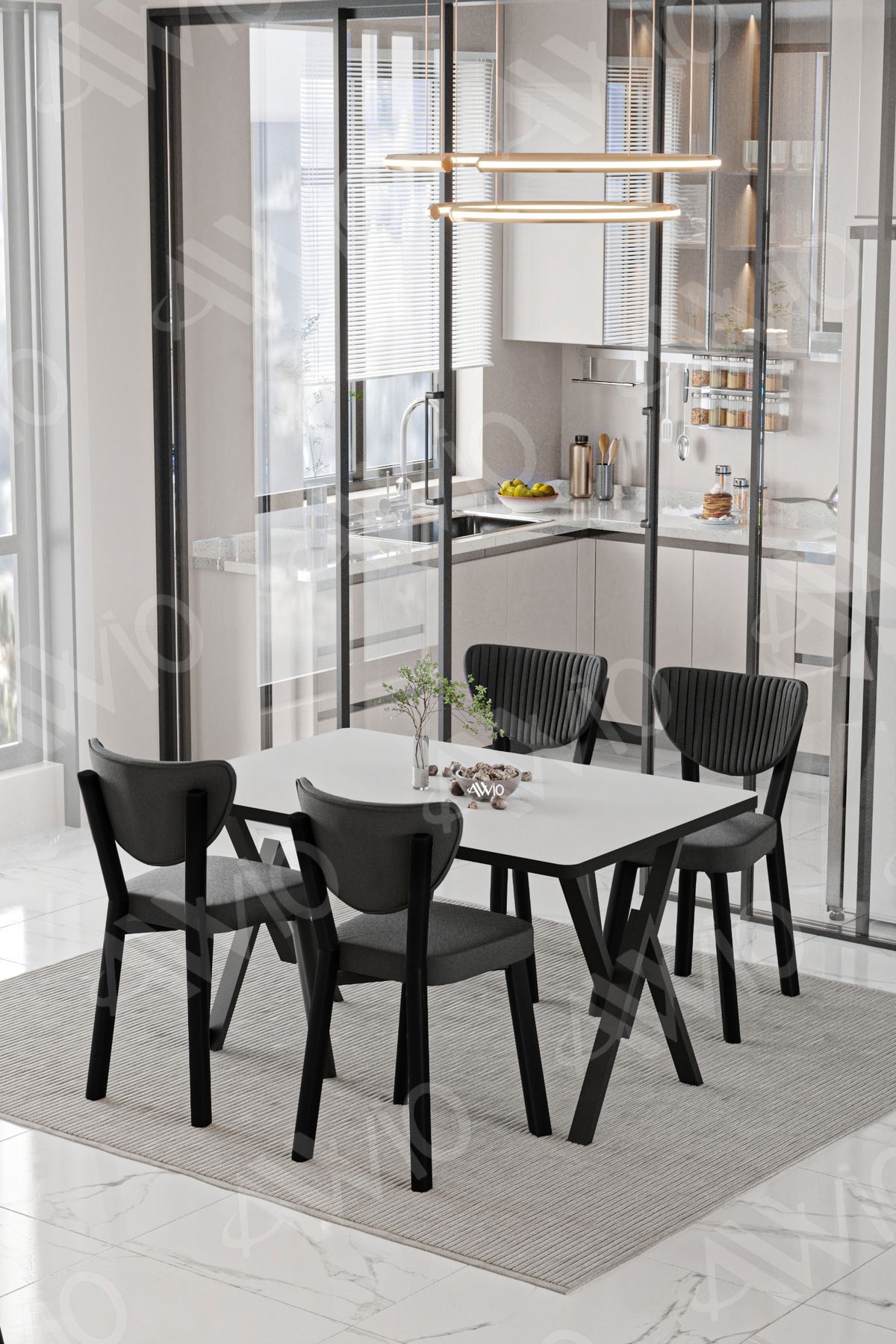Rubi Elma Sandalye 80x120 Yemek Masası Mutfak Masası 4 Kişilik Masa Sandalye Takımı Düz Beyaz