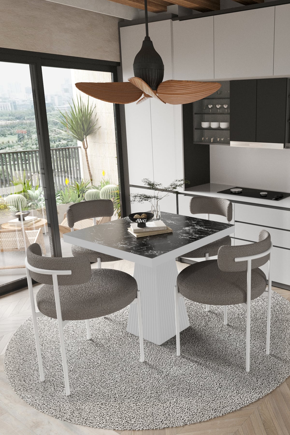 Savana Beyaz Lake MDF Ayak 90x90 Yemek Masası Mutfak Masası 4 Kişilik Masa Takımı Teddy Sandalye Siyah Mermer
