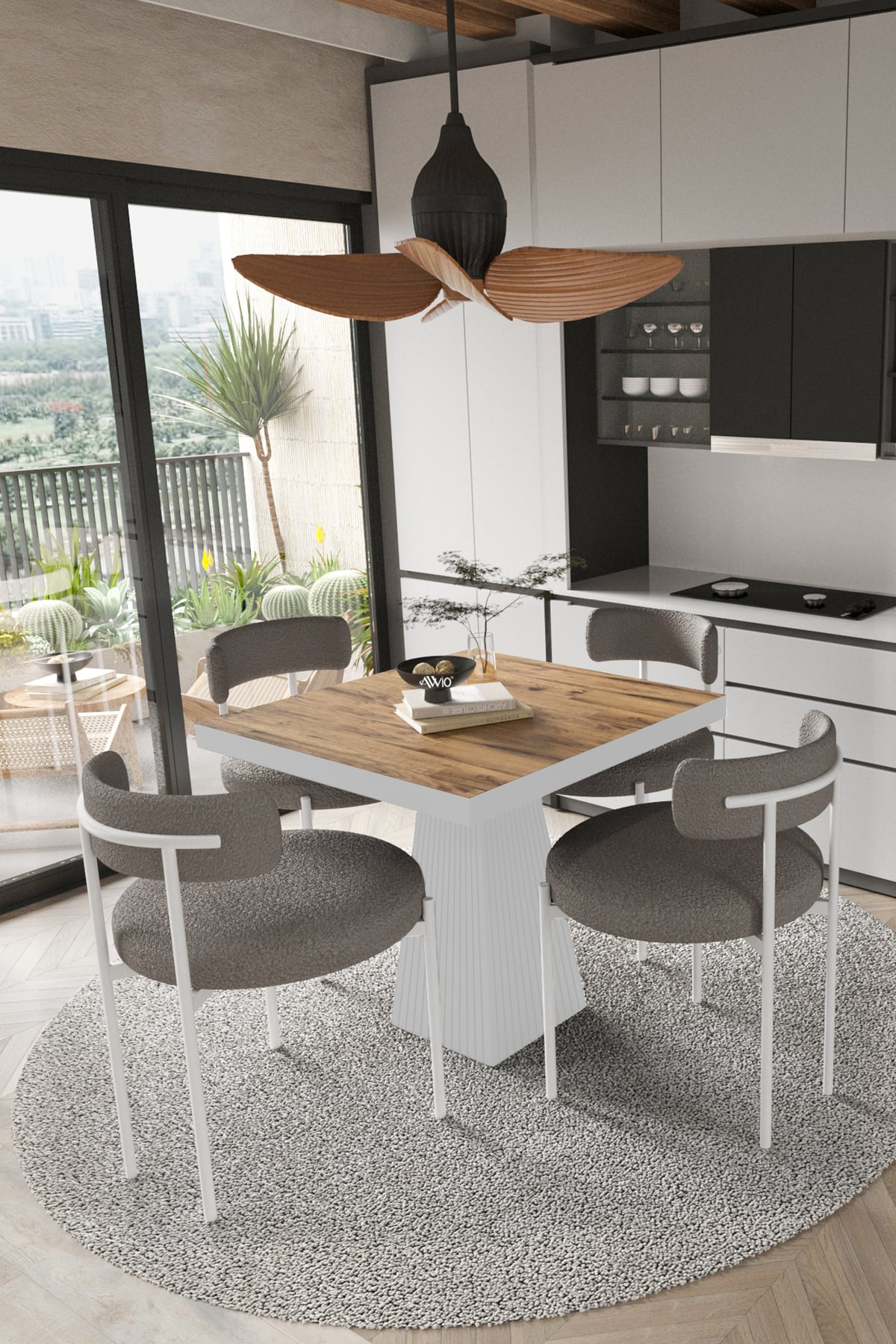 Savana Beyaz Lake MDF Ayak 90x90 Yemek Masası Mutfak Masası 4 Kişilik Masa Takımı Teddy Sandalye Akça