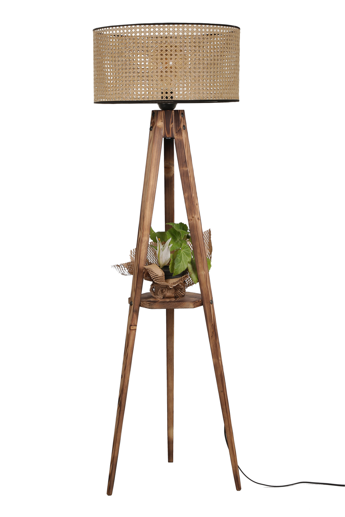Sehbalı Tripod Lambader Yanık Silindir Rattan Abajurlu