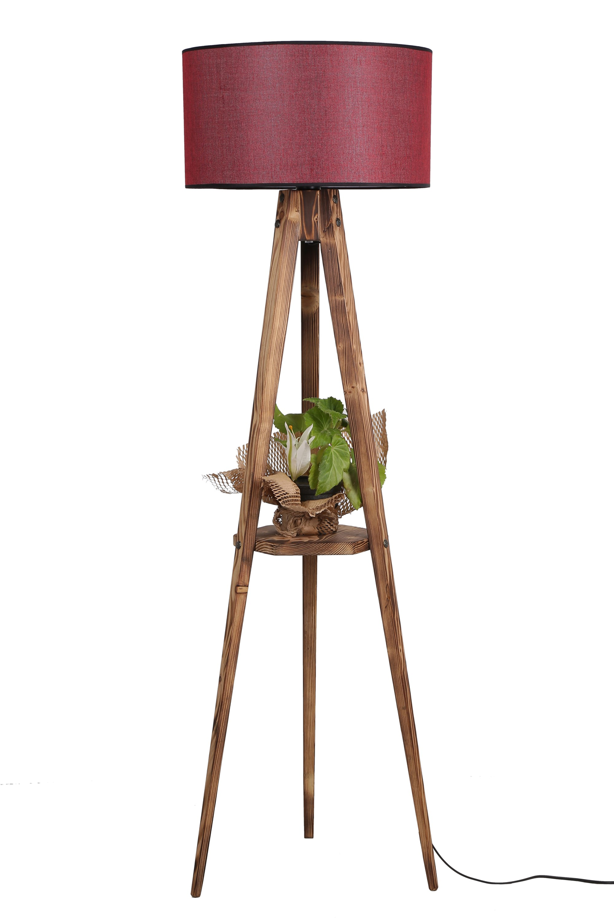 Sehbalı Tripod Yanık Lambader Silindir Hasır Bordo Abajurlu