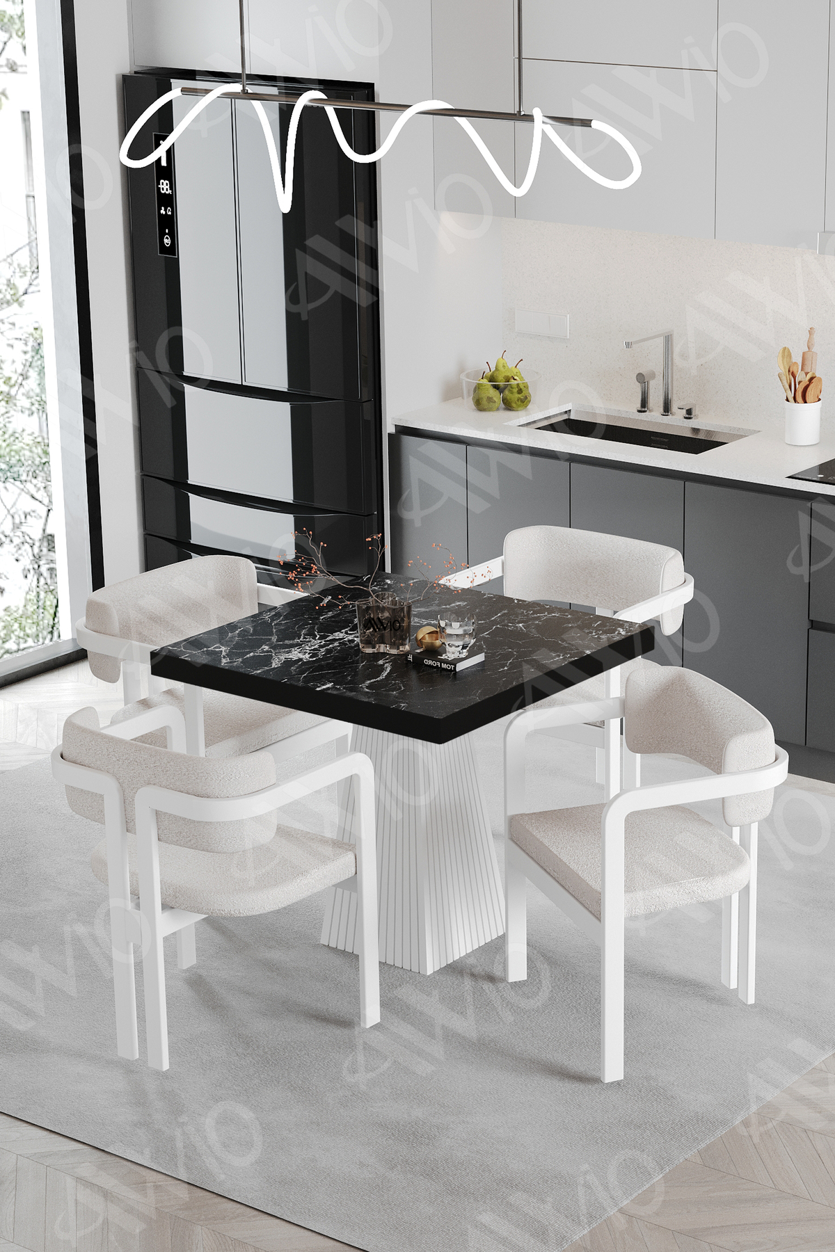 Sofia Lake MDF Ayak Tokyo Demonte Sandalye 80x80 Yemek Masası Mutfak Masası 4 Kişilik Siyah Mermer