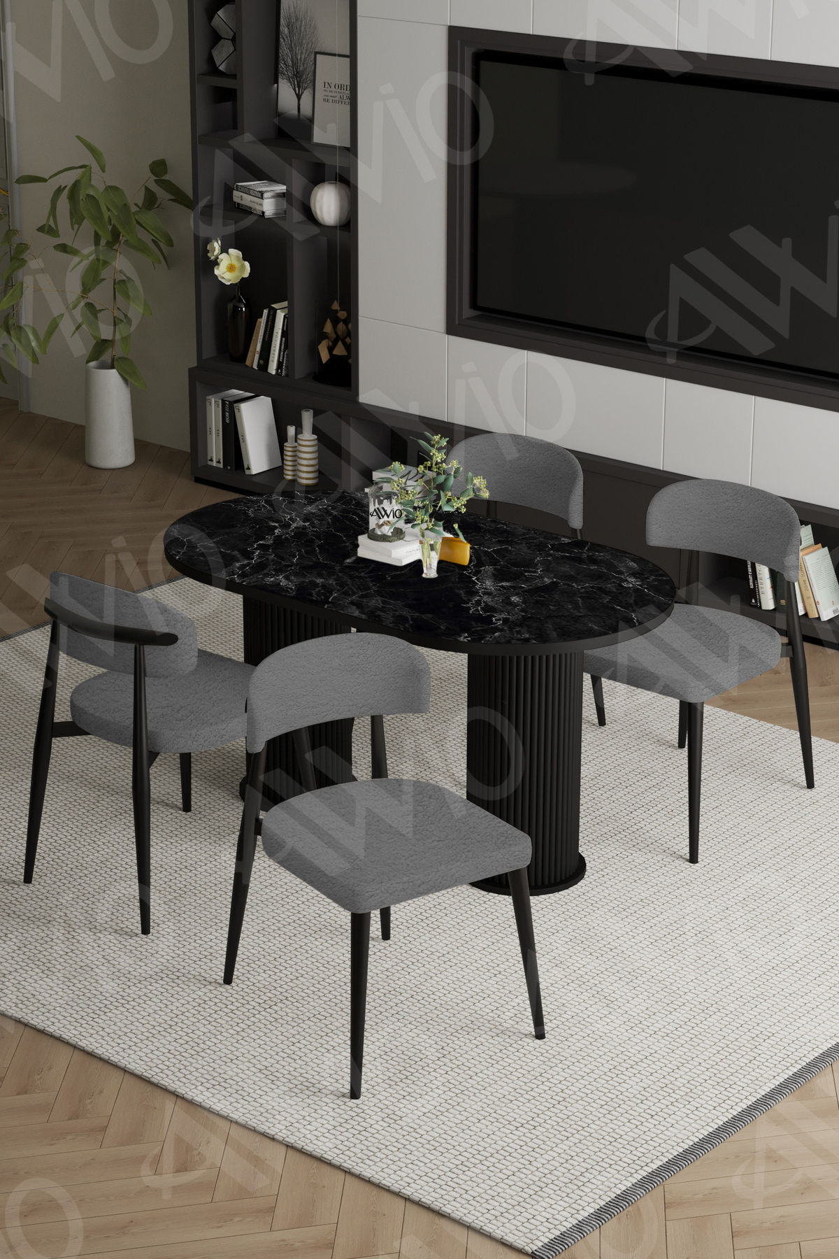 Sophia Bohem Ayak Siyah Polo Sandalye 80x140 Mutfak Masa Sandalye Takımı Siyah Mermer