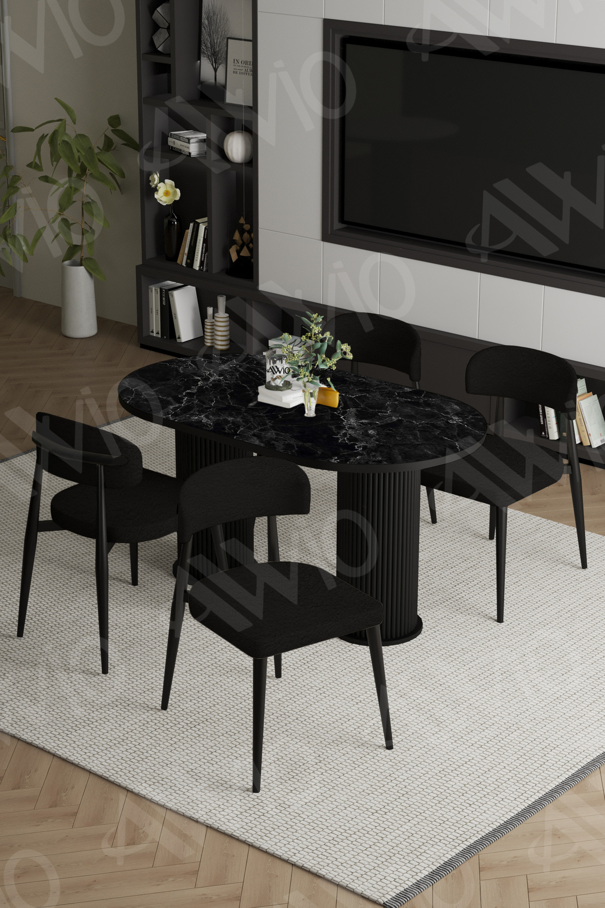 Sophia Bohem Ayak Siyah Polo Sandalye 80x140 Mutfak Masa Sandalye Takımı Siyah Mermer