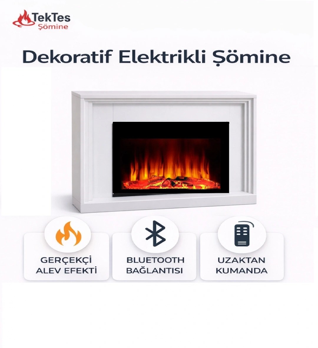 TEKTES 100cm ISITMASIZ Tek Renkli Beyaz Kasalı Bluetoothlu Şömine