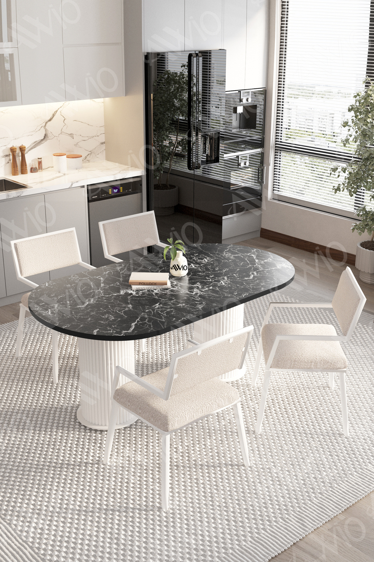 Tracy Bohem Ayak 80x140 Yemek Masası Mutfak Masası 4 Kişilik Masa Sandalye Takımı Siyah Mermer