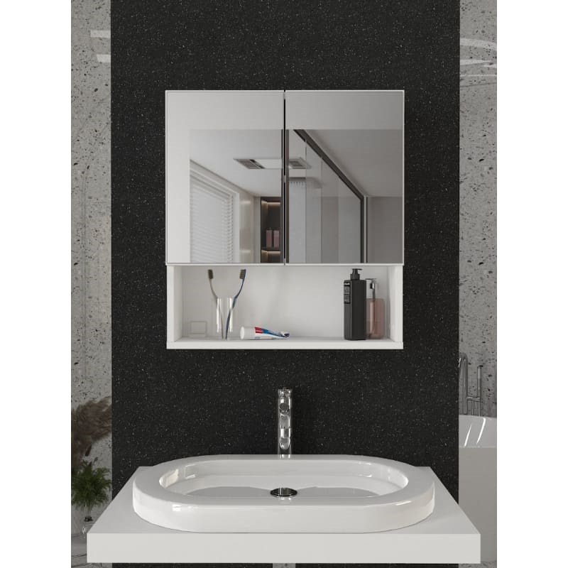 Trama Aynali Banyo Ust Dolabi 3 Rafli Cok Amacli Dolap Beyaz 600X168X650 Mm