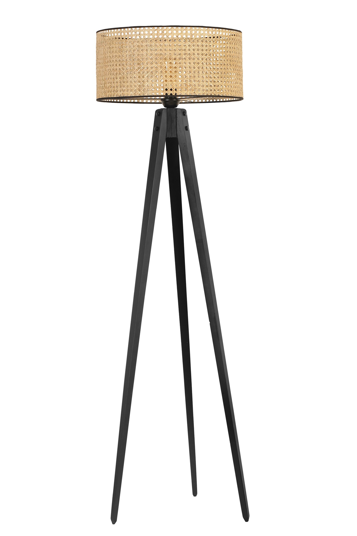 Tripod Siyah Silindir Rattan Abajurlu Lambader
