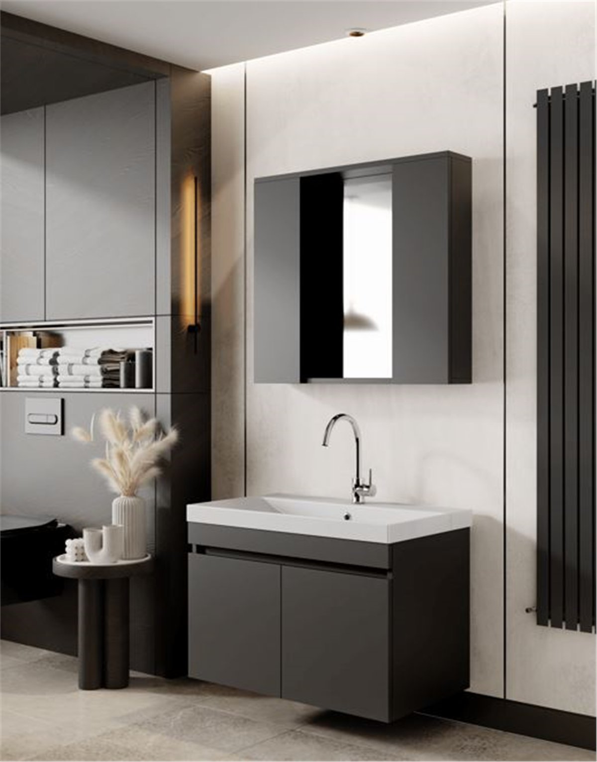 Tuana Banyo Dolabı Seti 80 Cm, Mat Antrasit, Seramik Lavabo Dahil, Lavabolu