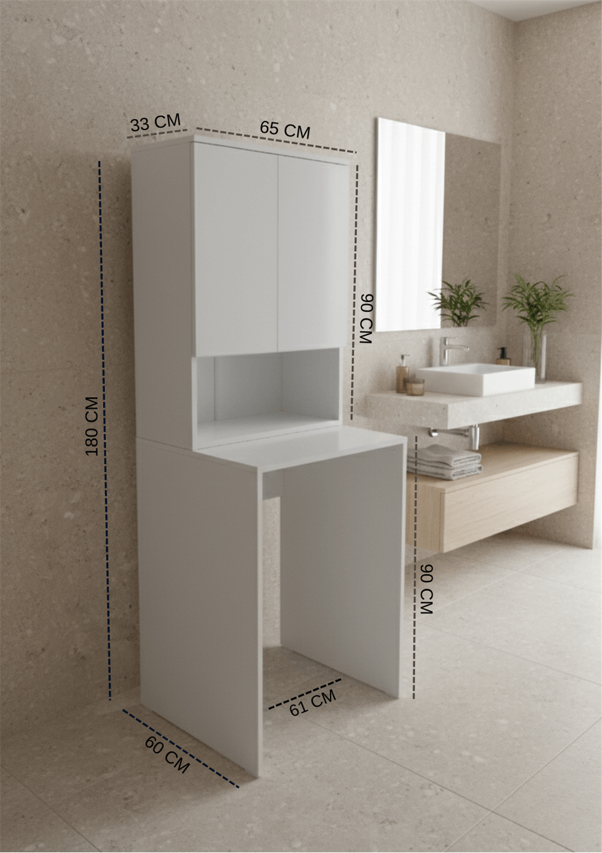 Tuna Çamaşır Makinesi Dolabı, Alt Üst Set, Kapaklı, Banyo Dolabı Beyaz