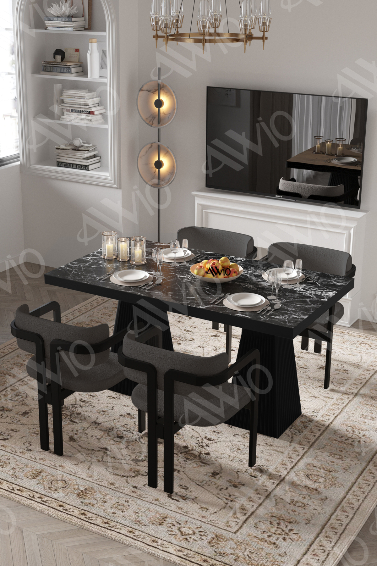 Valery Lake MDF Ayak Tokyo Demonte Sandalye 80x120 Yemek Masası Mutfak Masası 4 Kişilik Siyahmermer