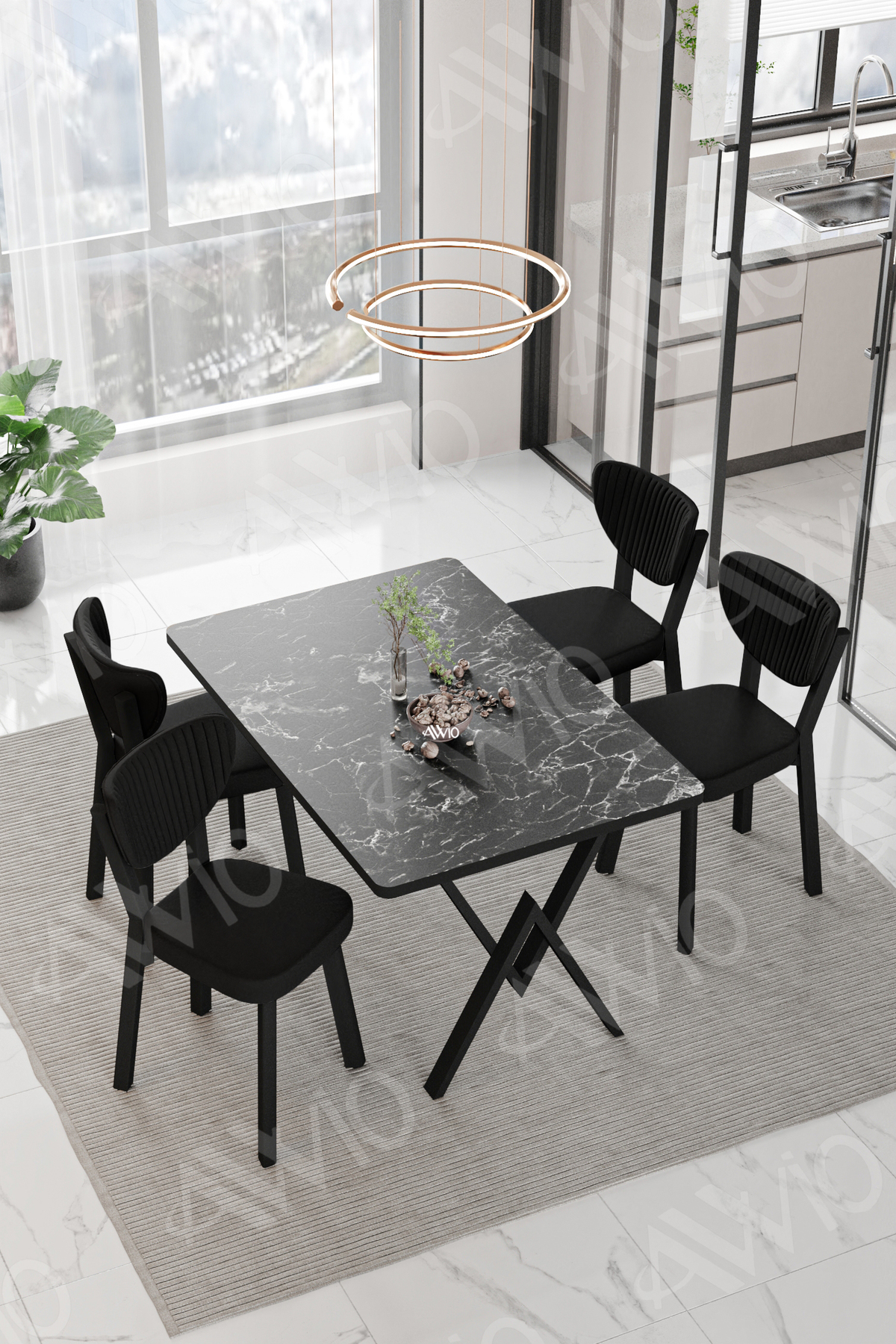 Vanensi Elma Sandalye 80x120 Yemek Masası Mutfak Masası 4 Kişilik Masa Sandalye Takım Siyah Mermer