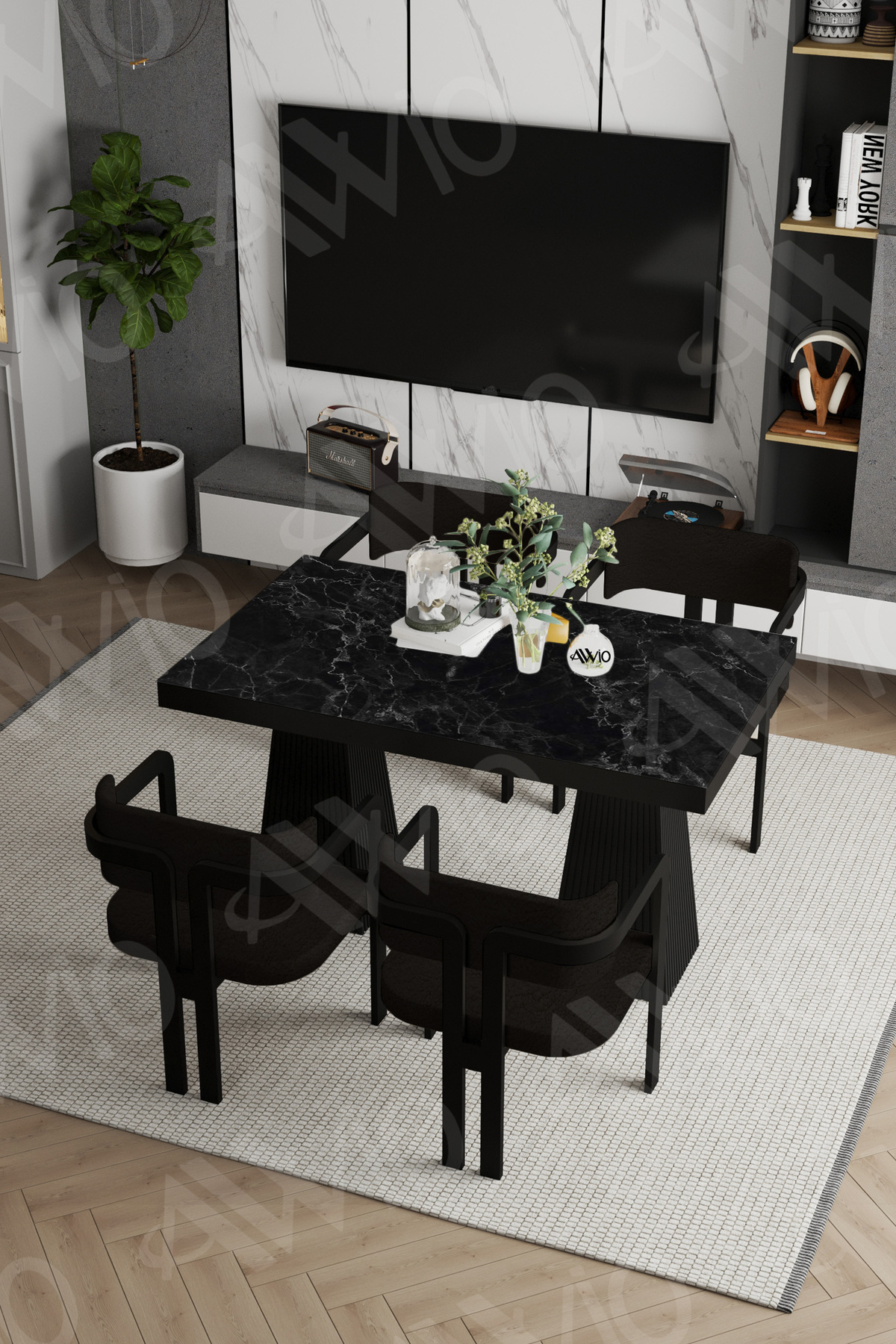 Veroni Lake MDF Ayak Tokyo Demonte Sandalye 80x120 Yemek Masası Mutfak Masası 4 Kişilik Siyah Mermer