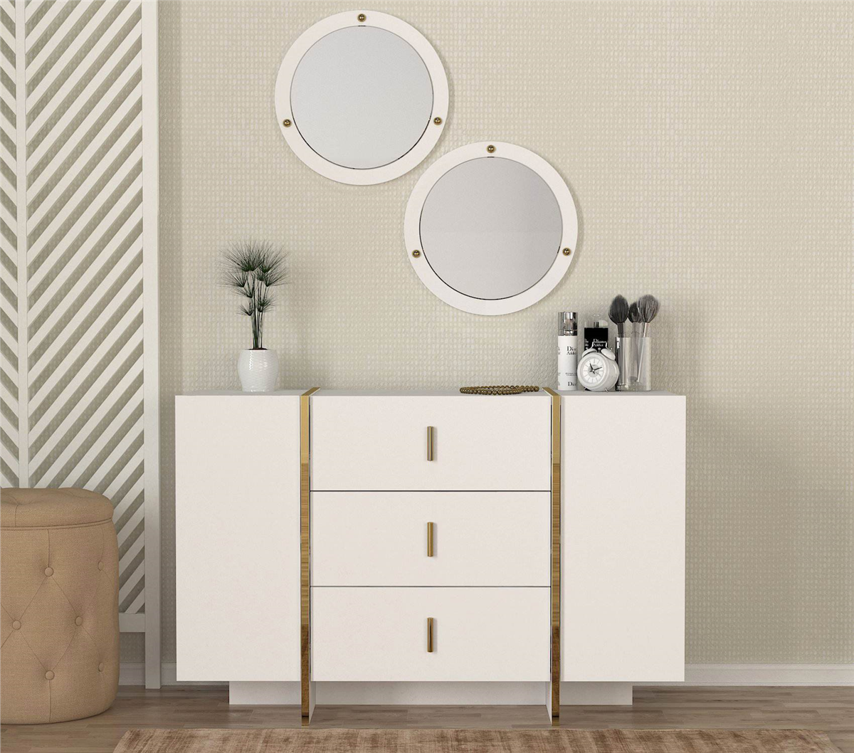 Veyron Aynali Sifonyer Beyaz - Altin 120X78X45 Cm
