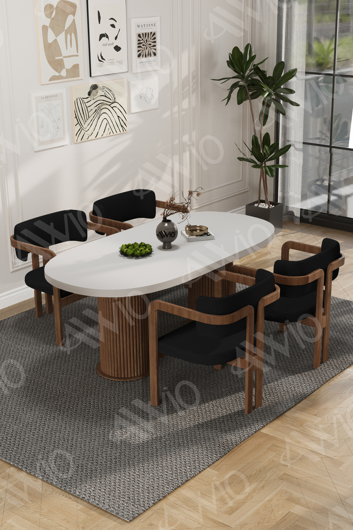 White Serisi Bohem Ayak 4'lü Tokyo Metal Demonte Sandalye 80x140 Masa Sandalye Takımı Beyaz Masa Sandalye Kahve Kumaş Siyah