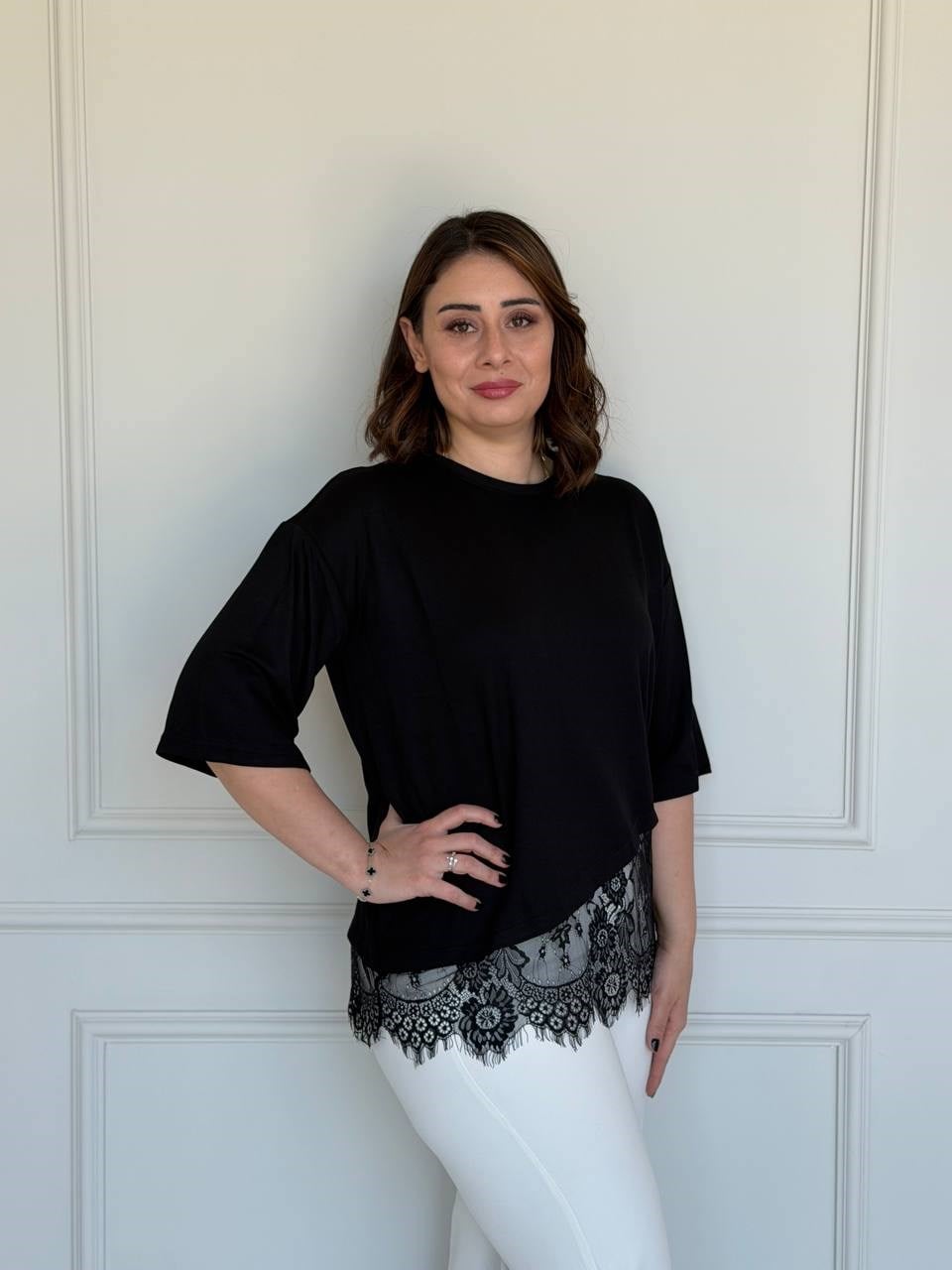 Dantelli Tişört - Siyah
