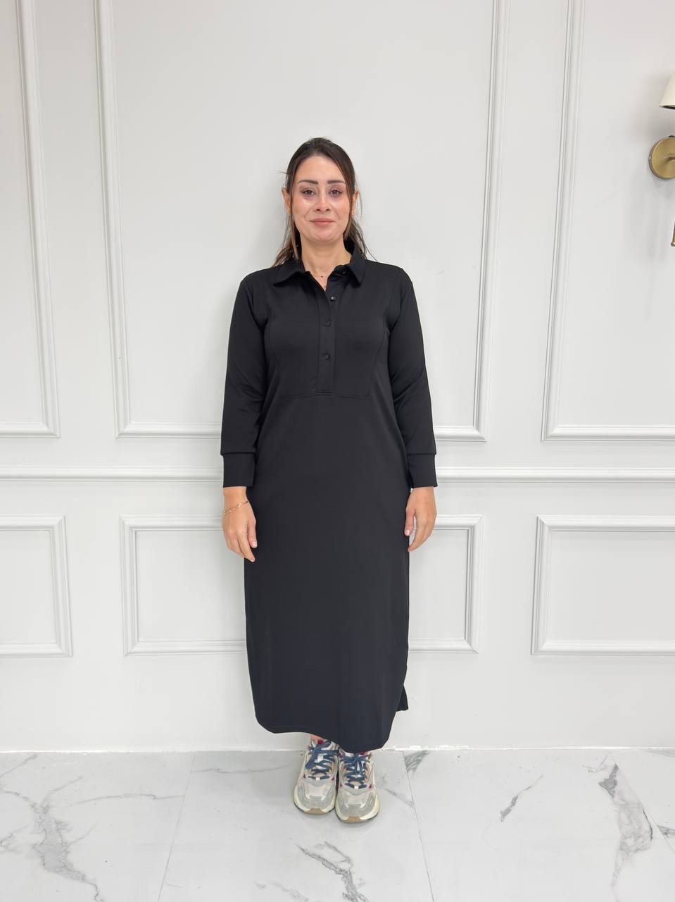 Polo Yaka Modal Elbise - Siyah