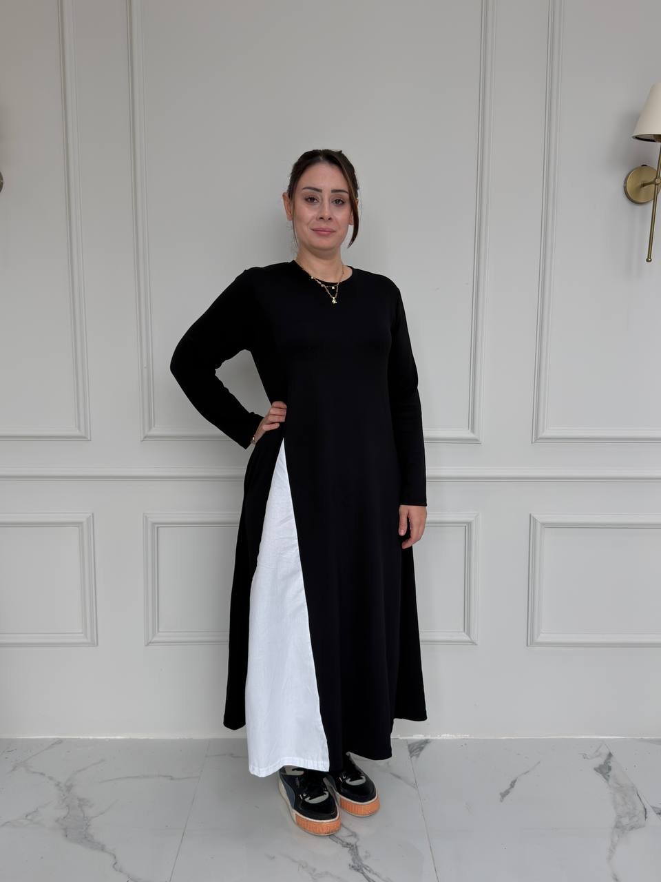 Poplin Parçalı Kuşaklı Elbise - Siyah