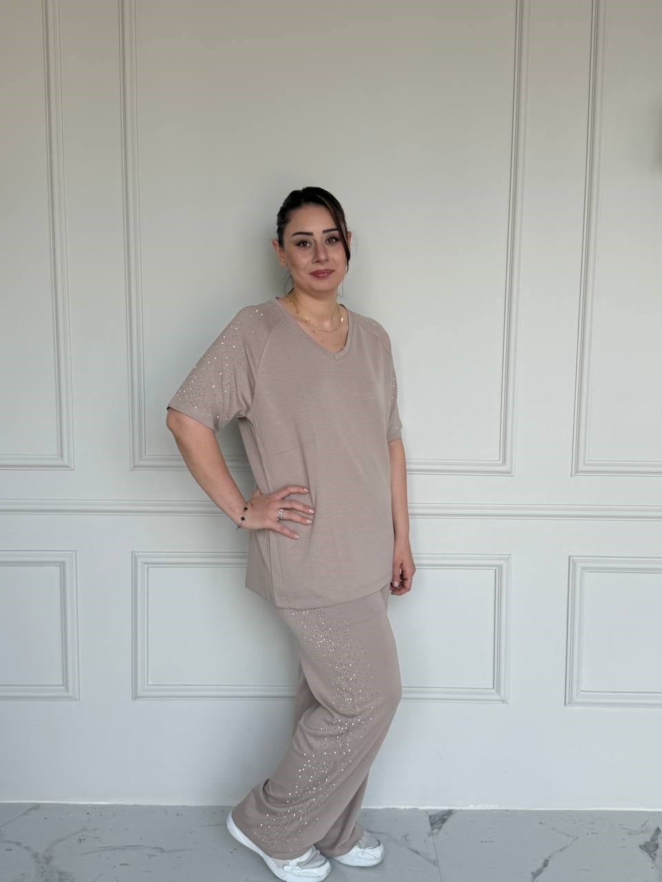 Taşlı Modal Takım - Bej