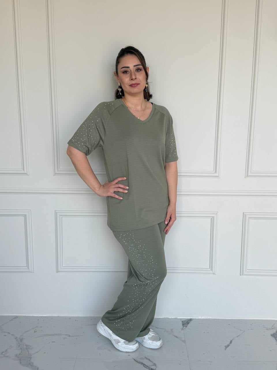 Taşlı Modal Takım - Haki