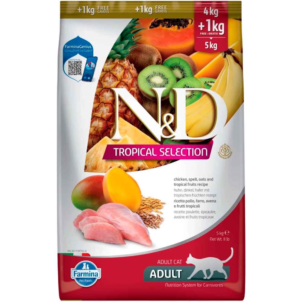 N&D Tropical Selection Tavuklu ve Tropikal Meyveli Yetişkin Kedi Maması 4kg + 1 Kg 8010276042170 Amazon Pet Center