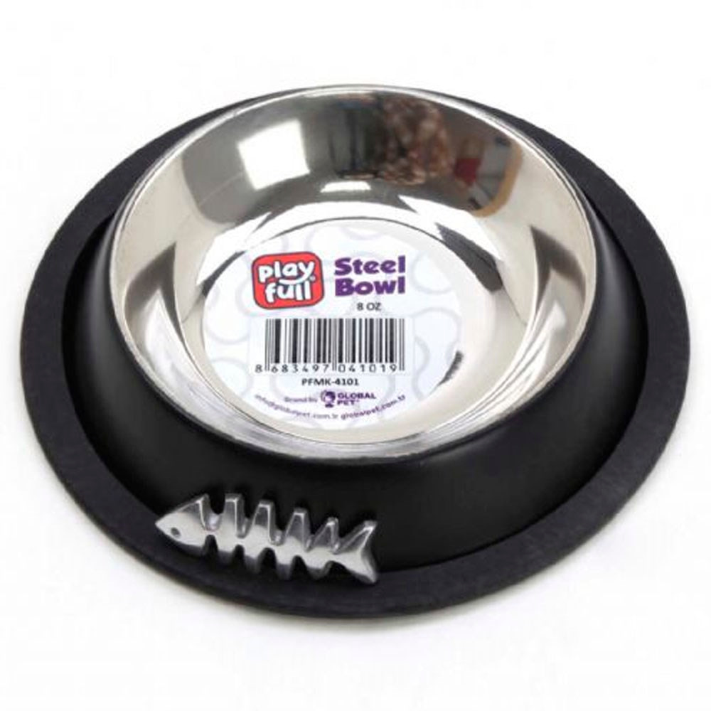Playfull Balık Desenli Siyah Çelik Mama ve Su Kabı 8 Oz PFMK-4101 8683497041019 Amazon Pet Center
