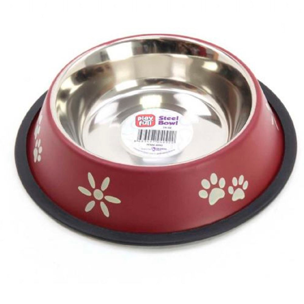 Playfull Pati ve Çiçek Desenli Çelik Mama ve Su Kabı 24 Oz PFMK-4092 8683497040920 Amazon Pet Center