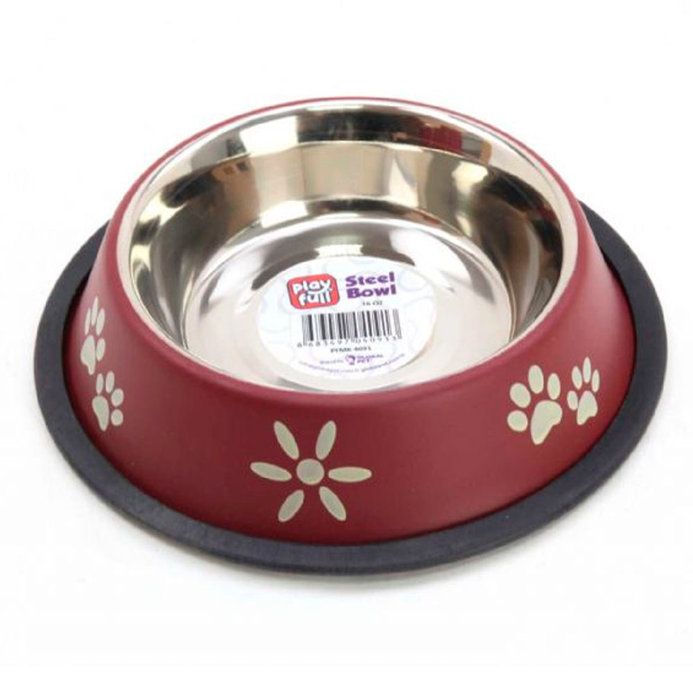 Playfull Pati ve Çiçek Desenli Çelik Mama ve Su Kabı 16 Oz PFMK-4091 8683497040913 Amazon Pet Center