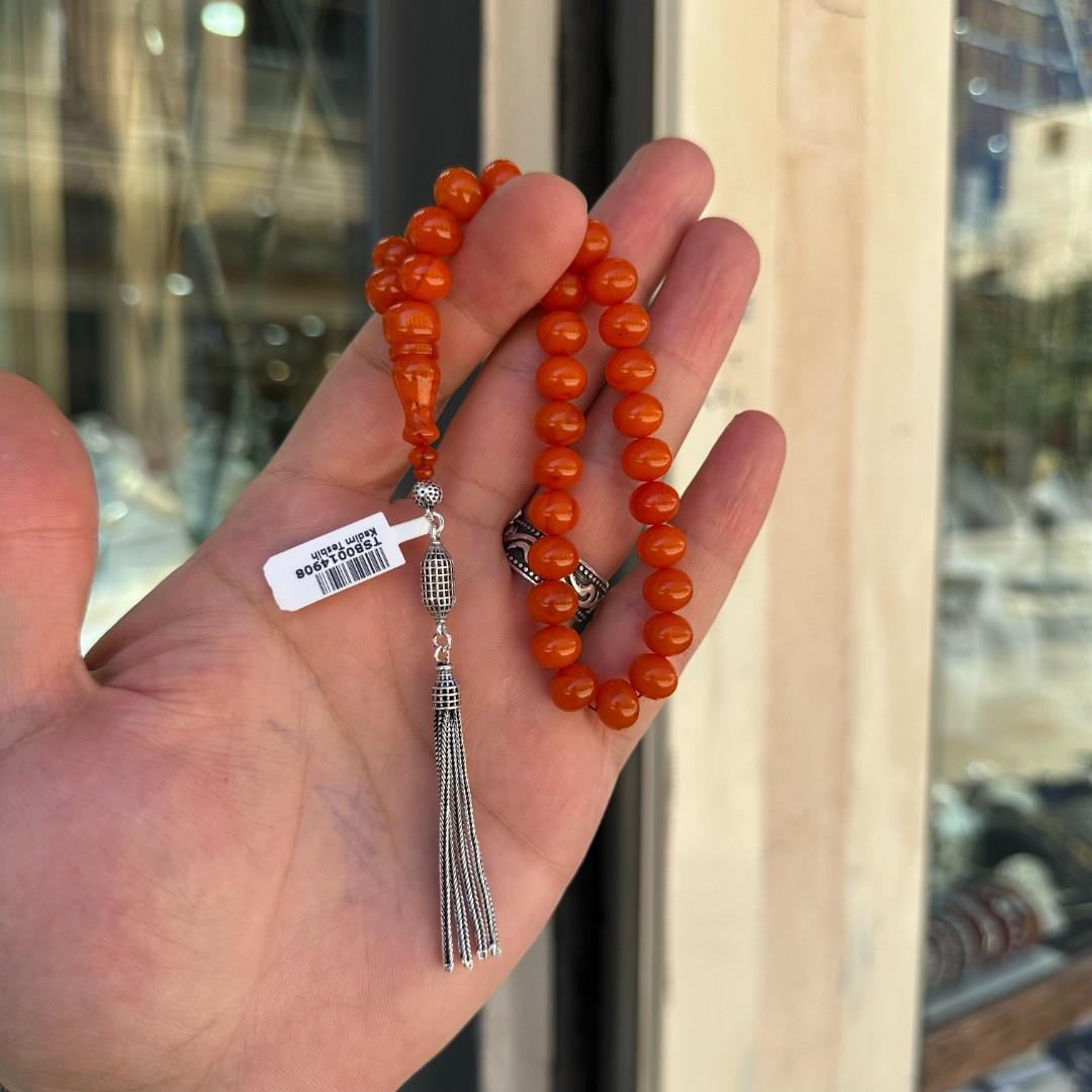 Basık Küre Orta Boyda Gümüş Püsküllü Sıkma Kehribar Tesbih