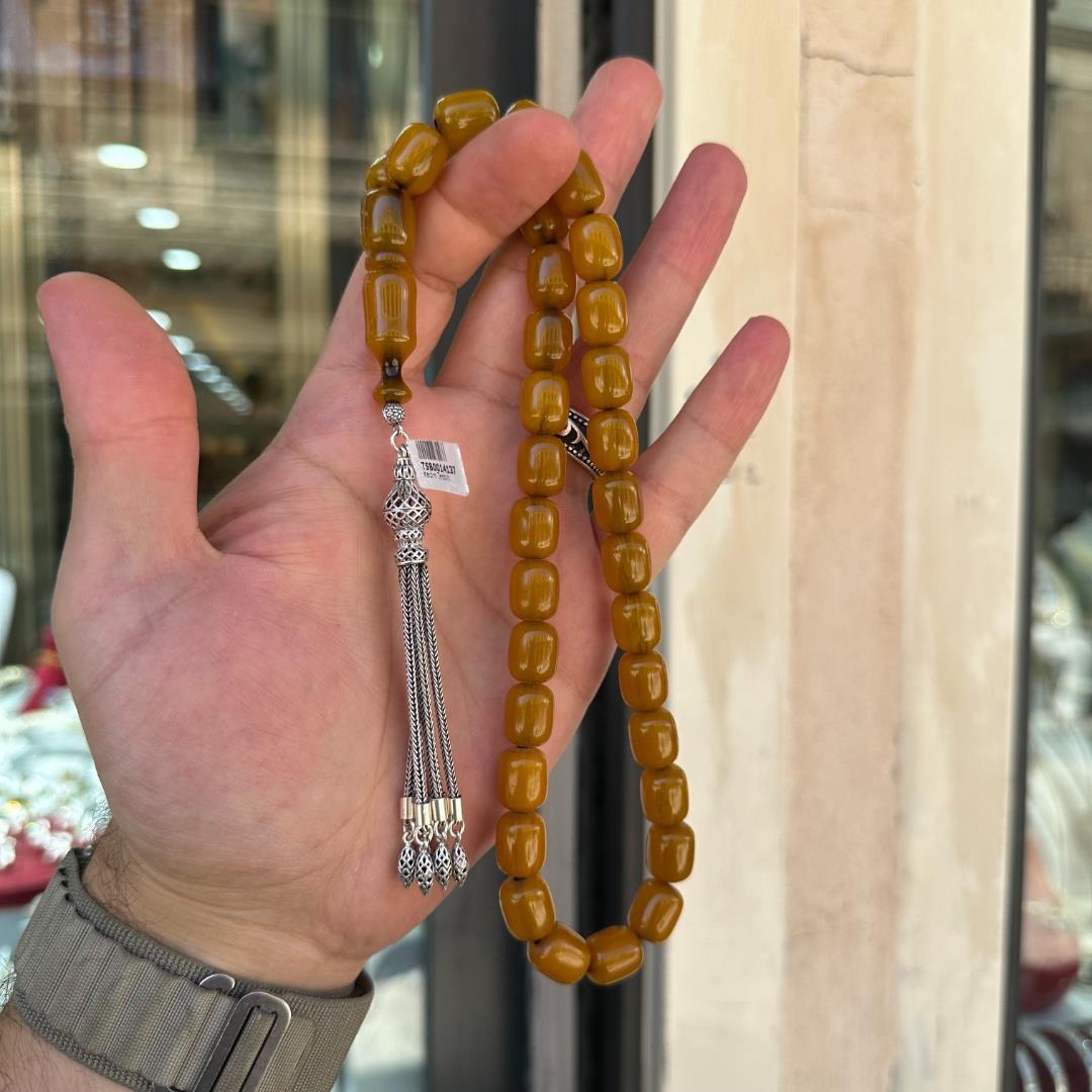 Sarı Kapsül Kesim Gümüş Püsküllü Sıkma Kehribar Tesbih