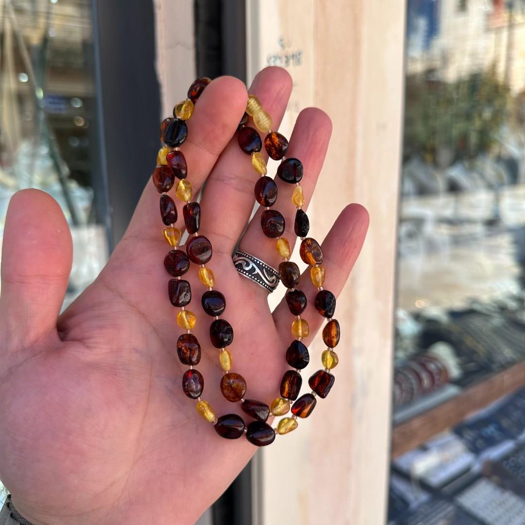Yassı İki Renk Unisex Doğal Kaya Damla Kehribar Kolye