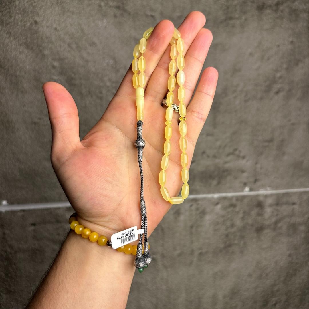 1000 Ayar Yeşil Boncuklu Gümüş Püsküllü Damla Kehribar Tesbih