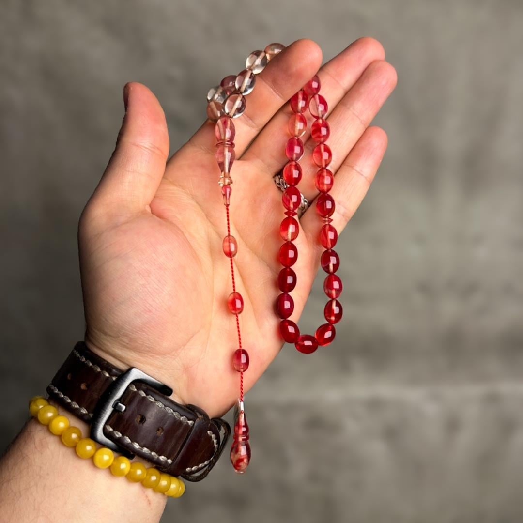 Sistem Püsküllü Beyzi Kesim Gül Kurusu Renkte Kehribar Tesbih