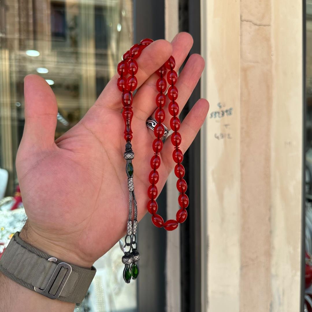 Kırmızı Beyzi Kesim Gümüş Püsküllü Sıkma Kehribar Tesbih