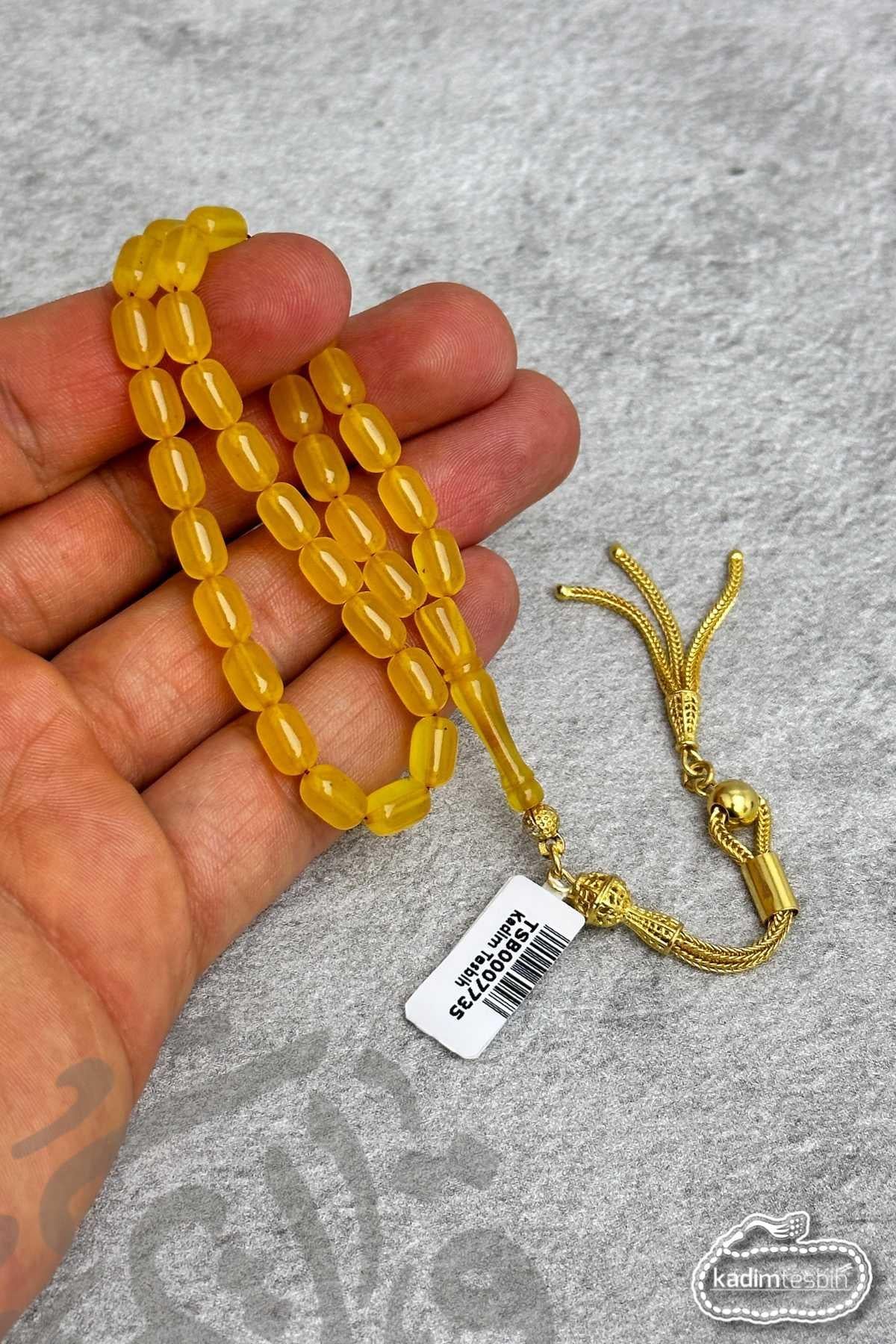925 Ayar Gold Gümüş Püsküllü Orta Boy Zar Kehribar Tesbih
