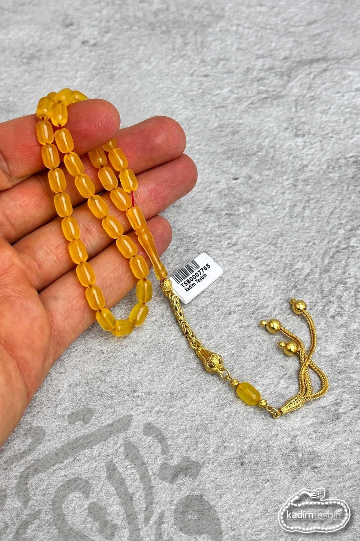 925 Ayar Gold Gümüş Püsküllü Orta Boyda Zar Kehribar Tesbih