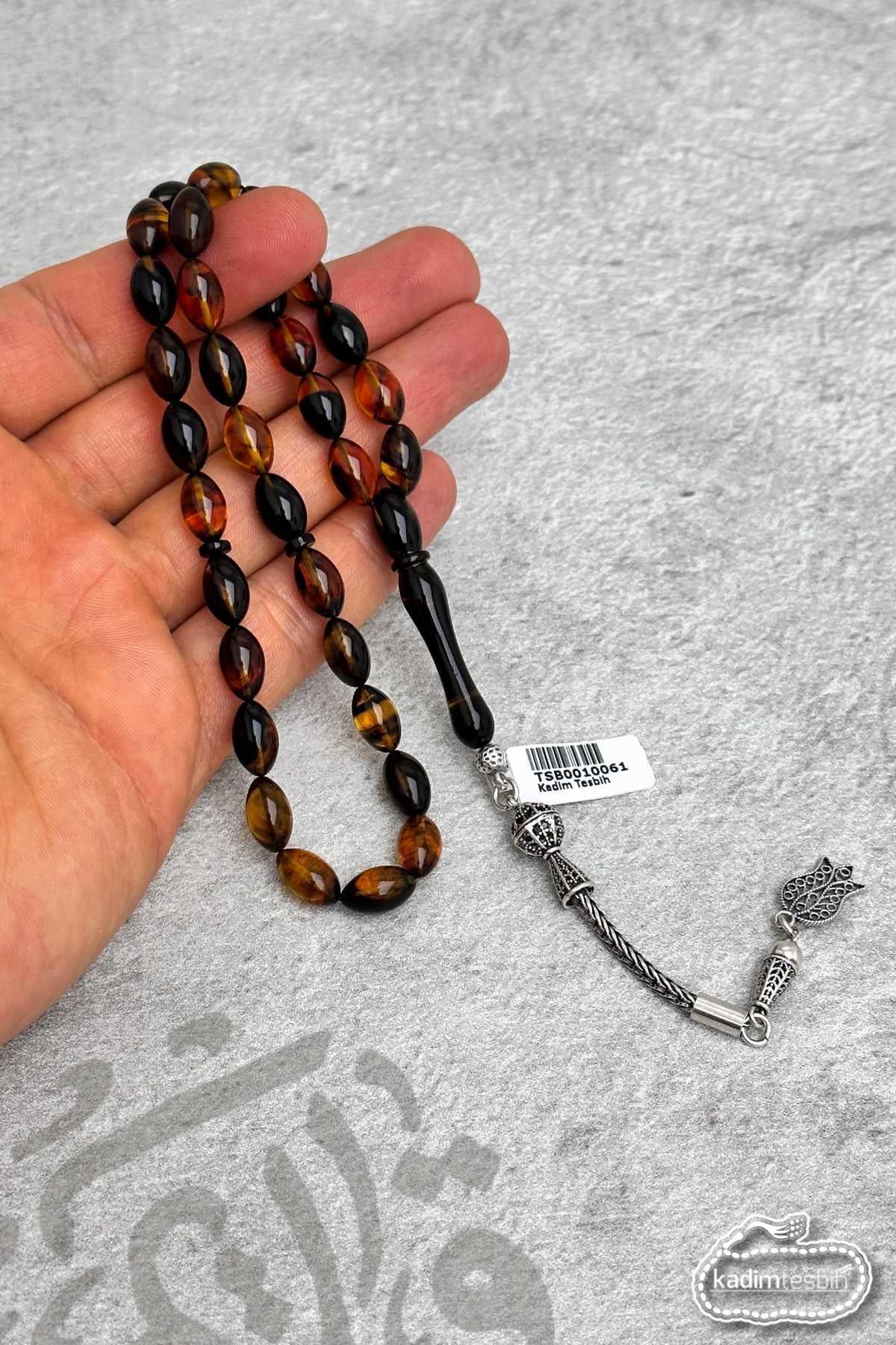 925 Ayar Gümüş Püskül Çift Renk Habbeli Sıkma Kehribar Tesbih