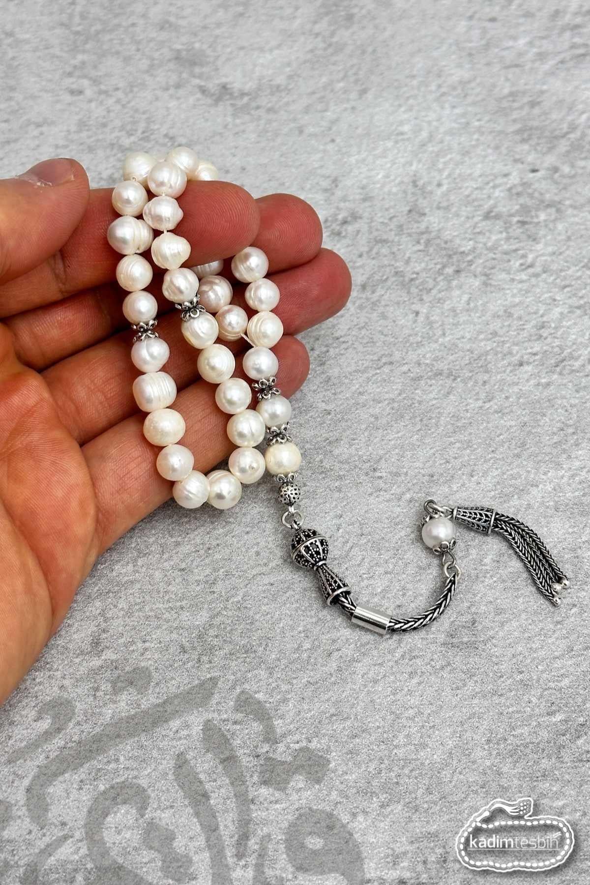 925 Ayar Gümüş Püsküllü İncili Doğal Taş Tesbih