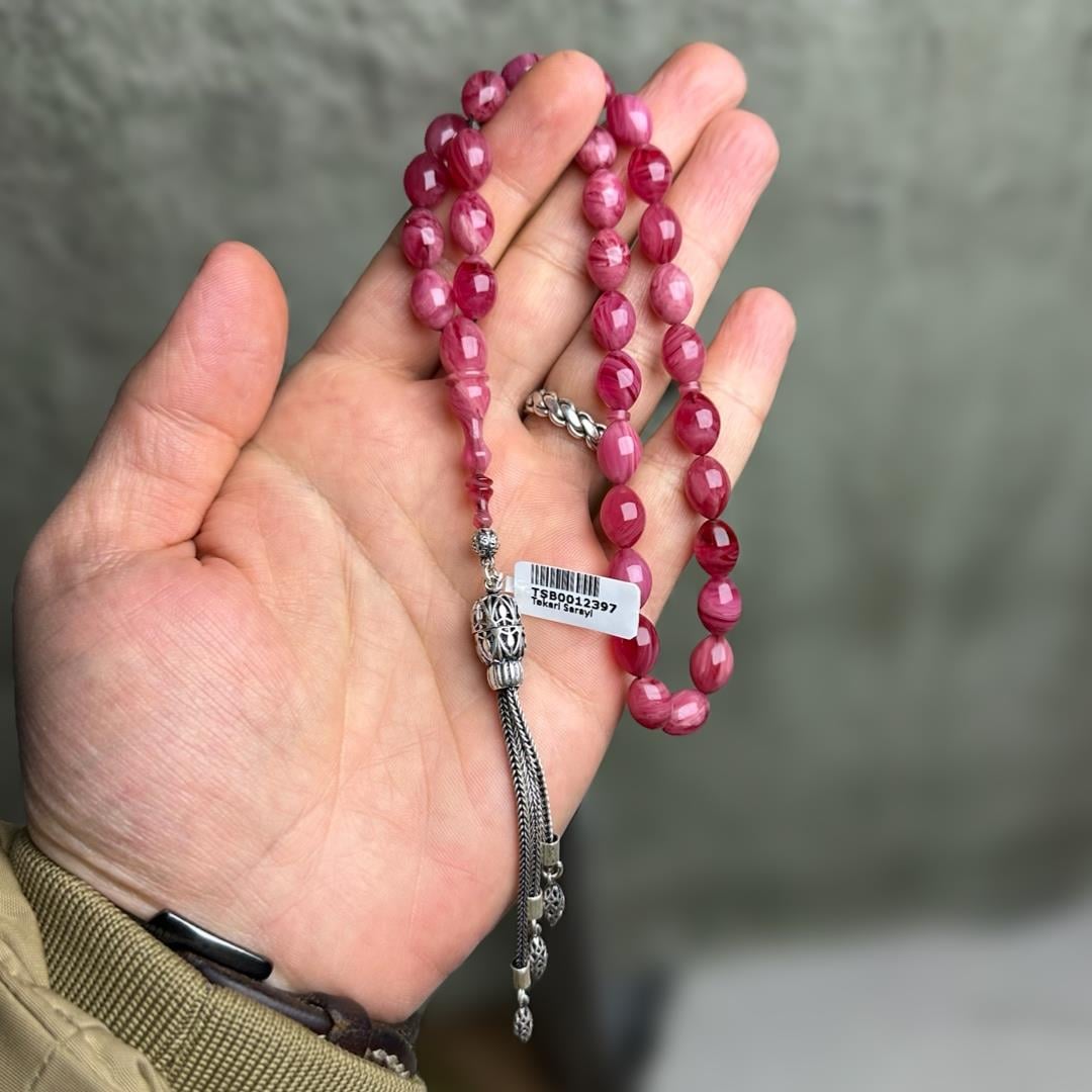 925 Ayar Gümüş Püsküllü Pembe Sıkma Kehribar Tesbih