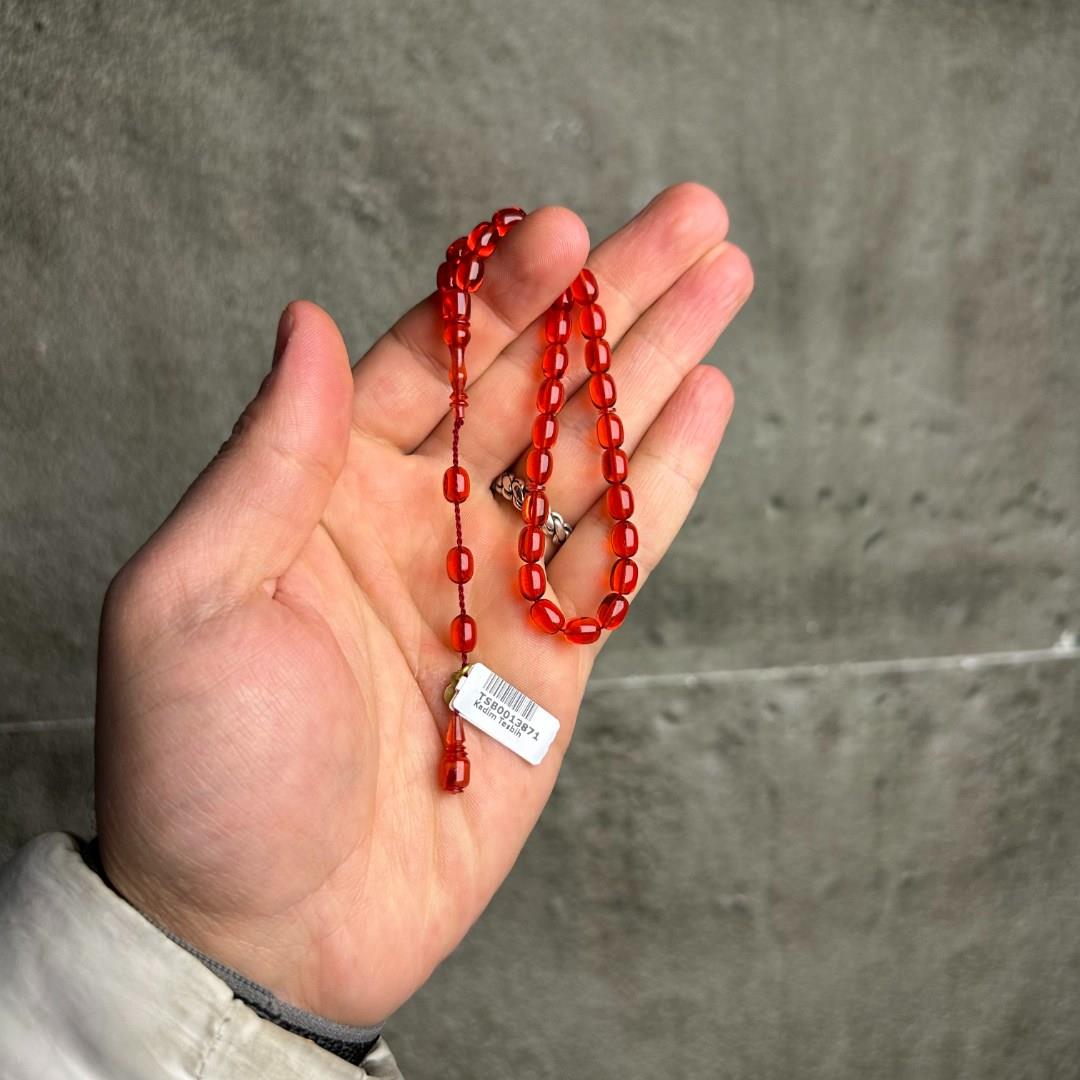 Sistem Püsküllü Bilek Boy Kapsül Kesim Kırmızı Sıkma Kehribar Tesbih