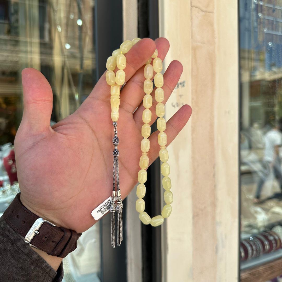 925 Ayar Gümüş Püsküllü Kaya Damla Kehribar Tesbih