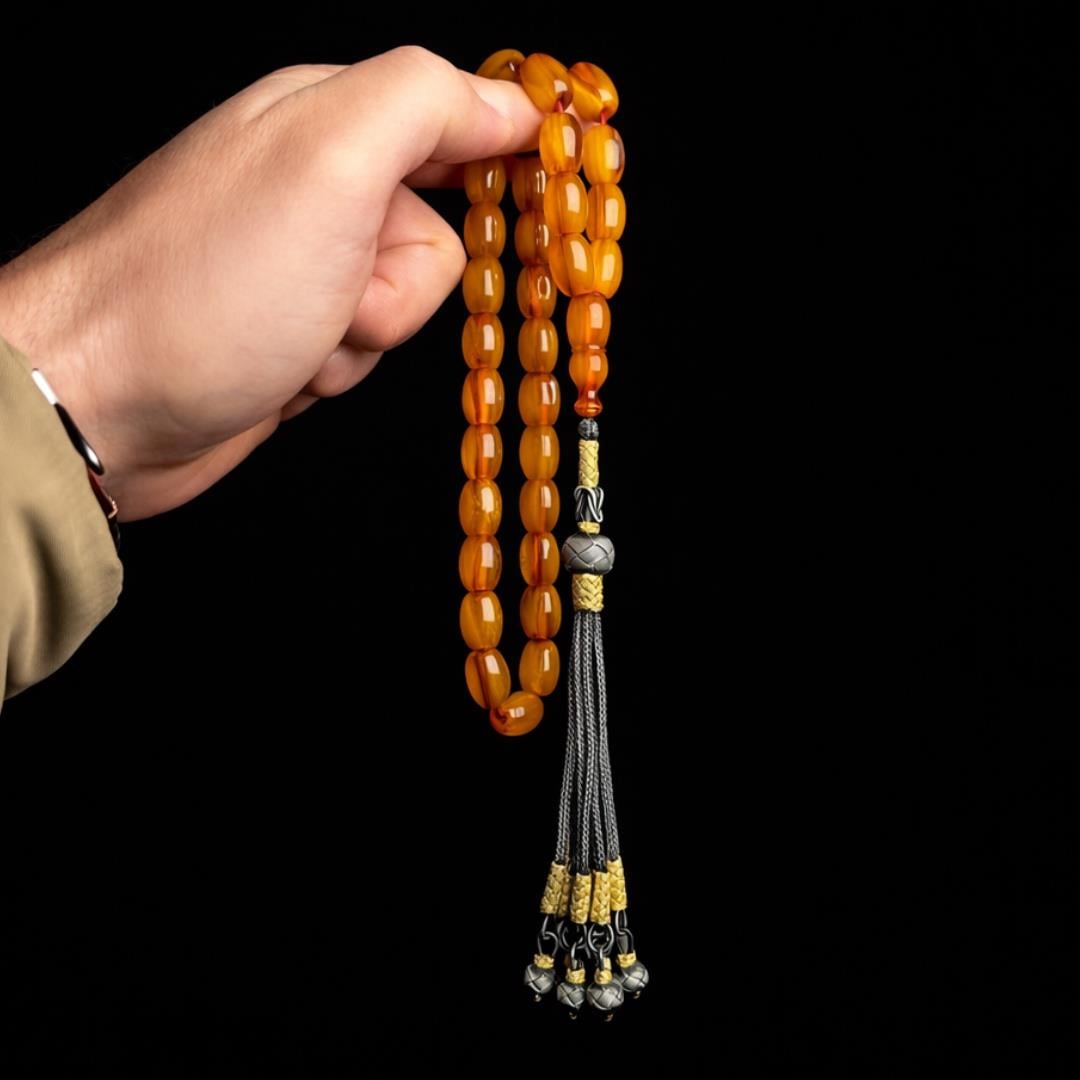 Özel Seri Fıçı Kesim Dik Damarlı Sıkma Kehribar Tesbih