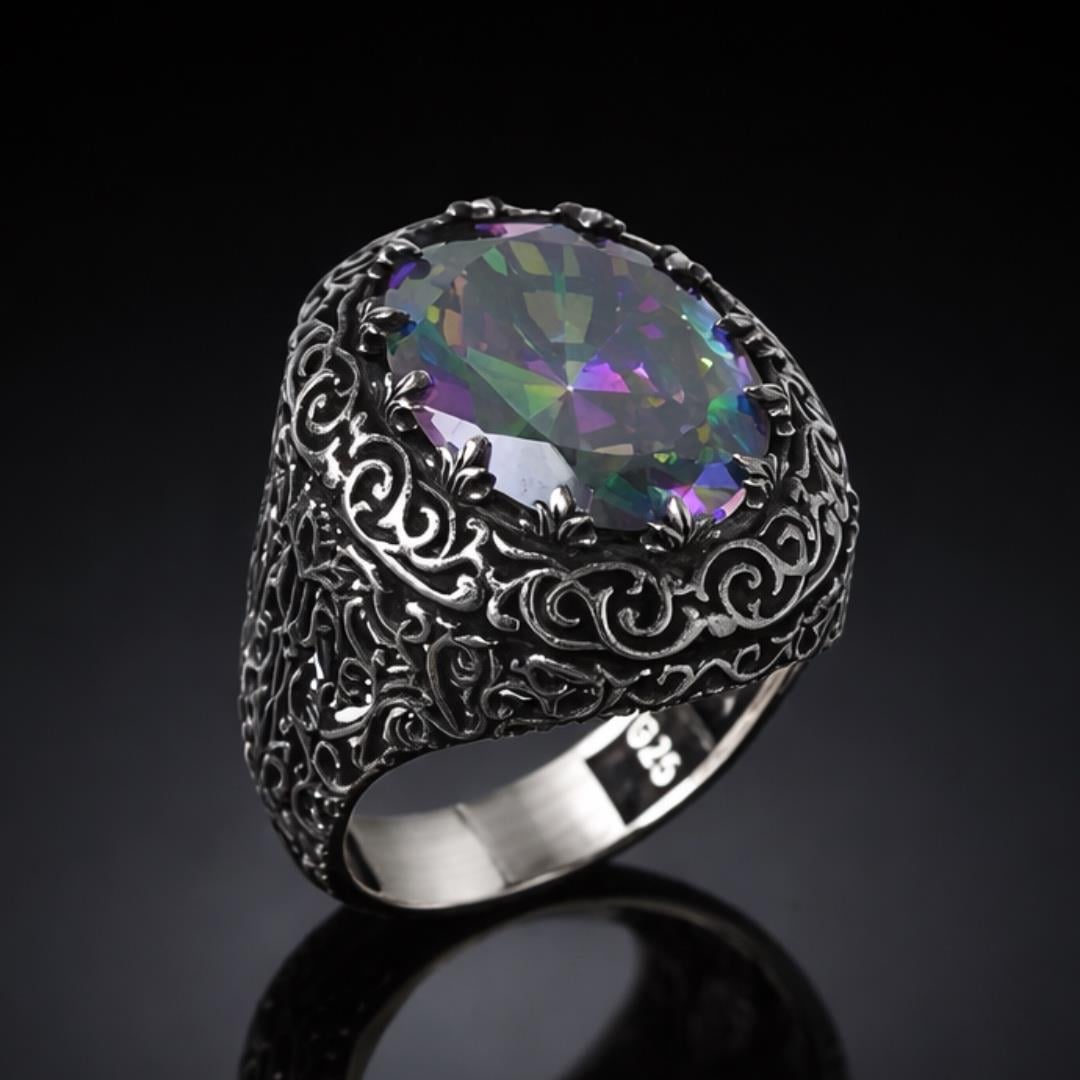 Mistik Topaz Taşlı 925 Ayar Gümüş Erkek Yüzük