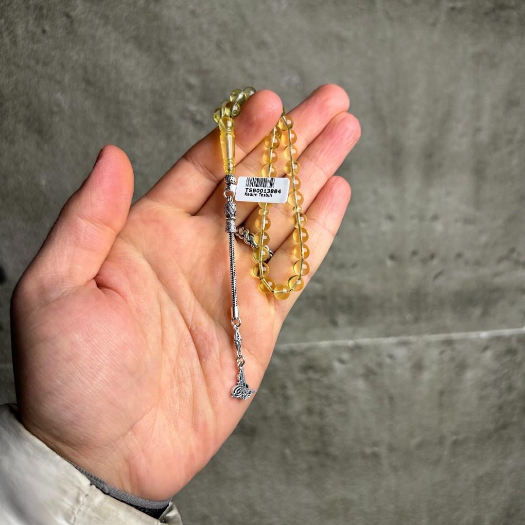 Tuğralı 925 Ayar Gümüş Püsküllü Damla Kehribar Tesbih