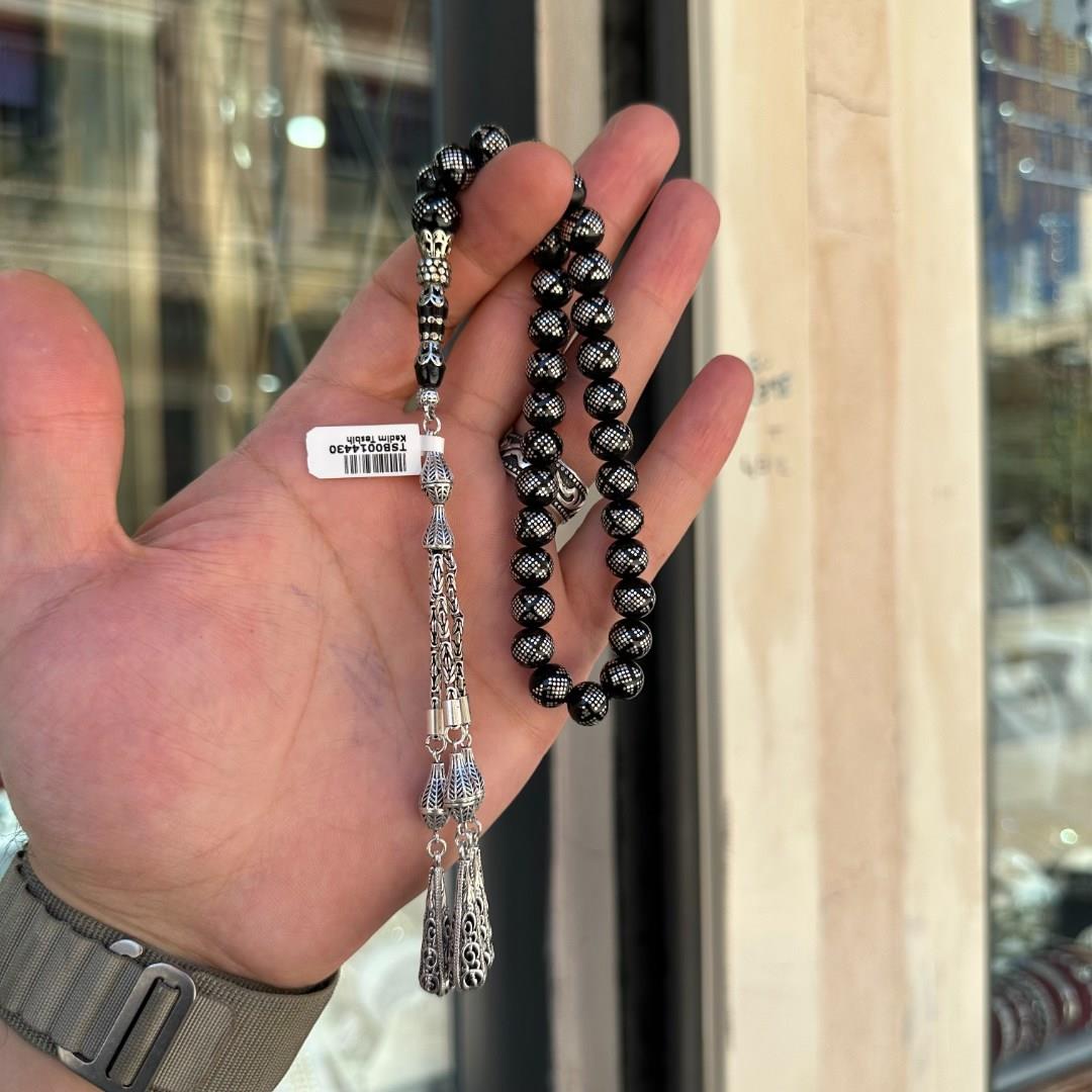 Küre Kesim Gümüş İşlemeli Erzurum Oltu Taşı Tesbih