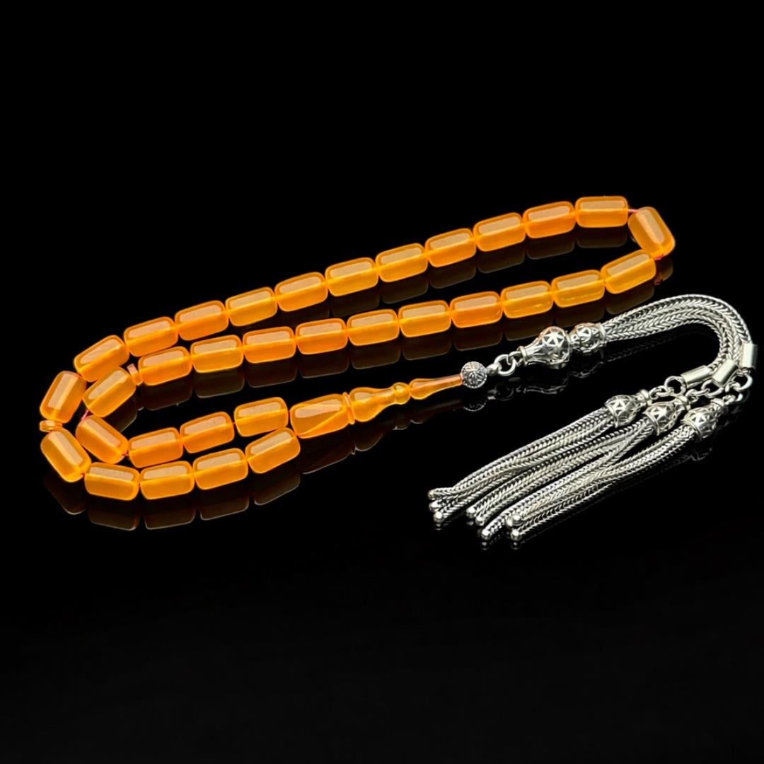 Turuncu Renk Gümüş Püsküllü Sıkma Kehribar Tesbih