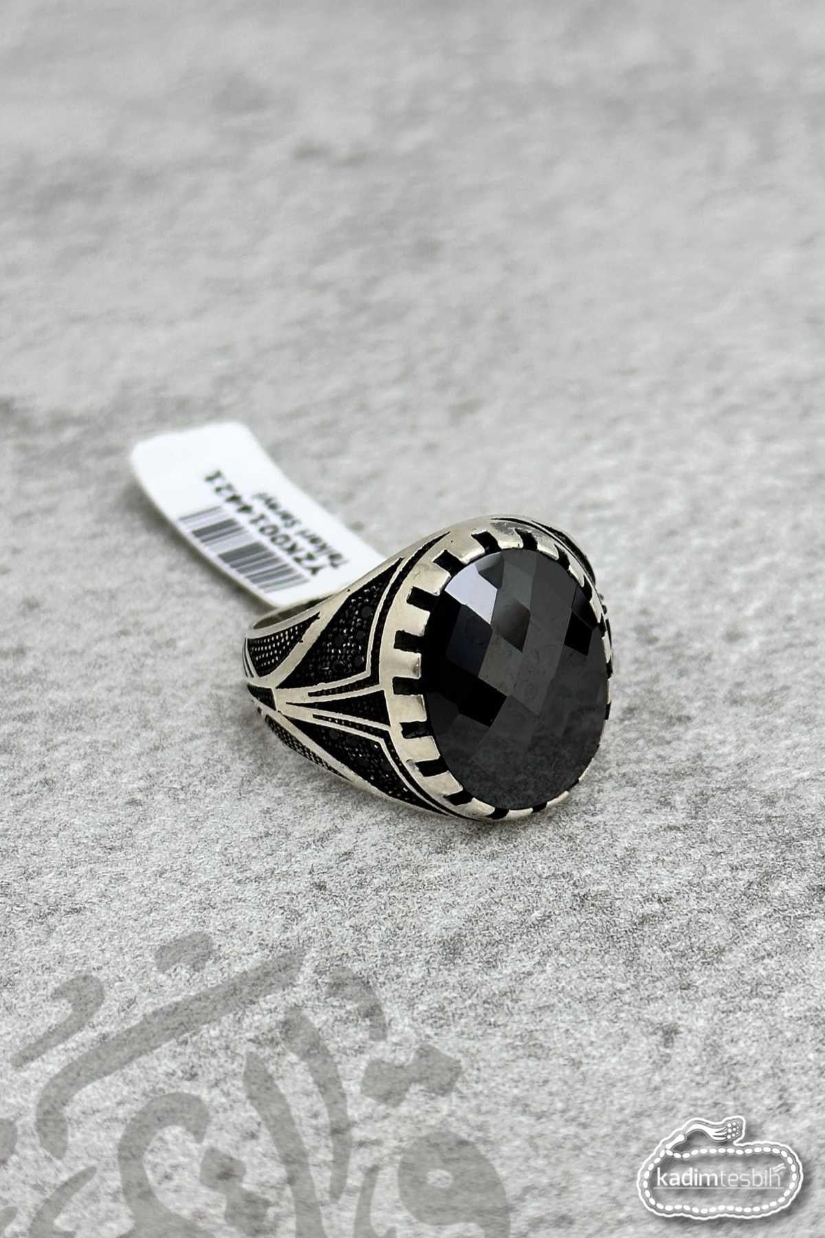 İşlemeli Oval Safir Taşlı 925 Ayar Gümüş Yüzük