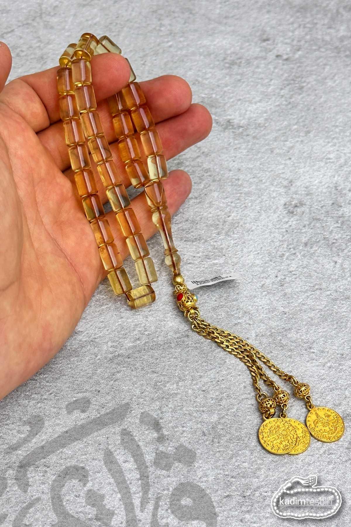 Kesme Kesim 925 Ayar Gold Gümüş Püsküllü Zar Kehribar Tesbih