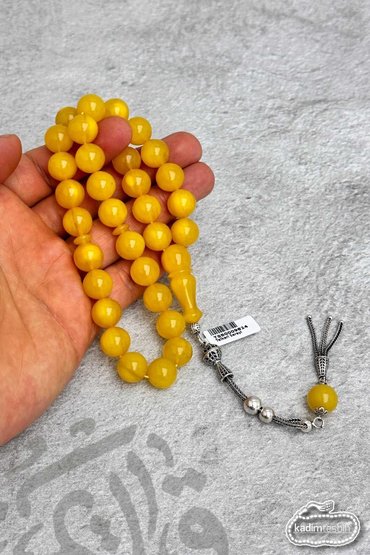 Küre Kesimli 925 Ayar Gümüş Püsküllü Sıkma Kehribar Tesbih