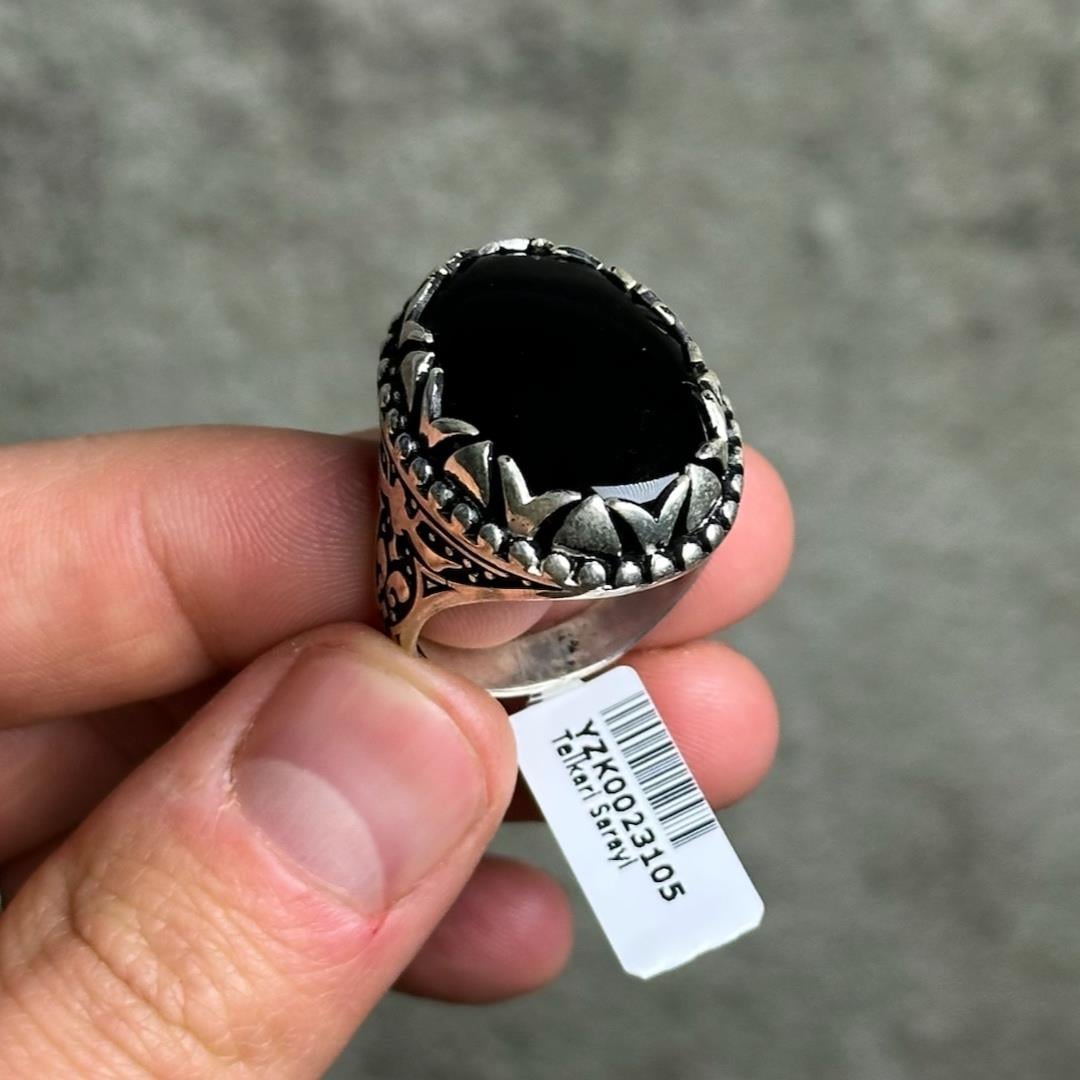 Kuş Motifli Oniks Taşlı 925 Ayar Gümüş Erkek Yüzük 